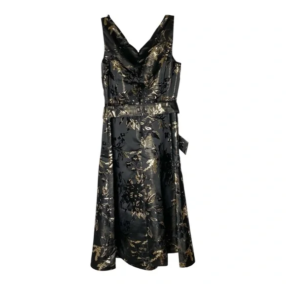 Talbots Petite Black & Gold Metallic Jacquard Fit & Flare Dress6PNew